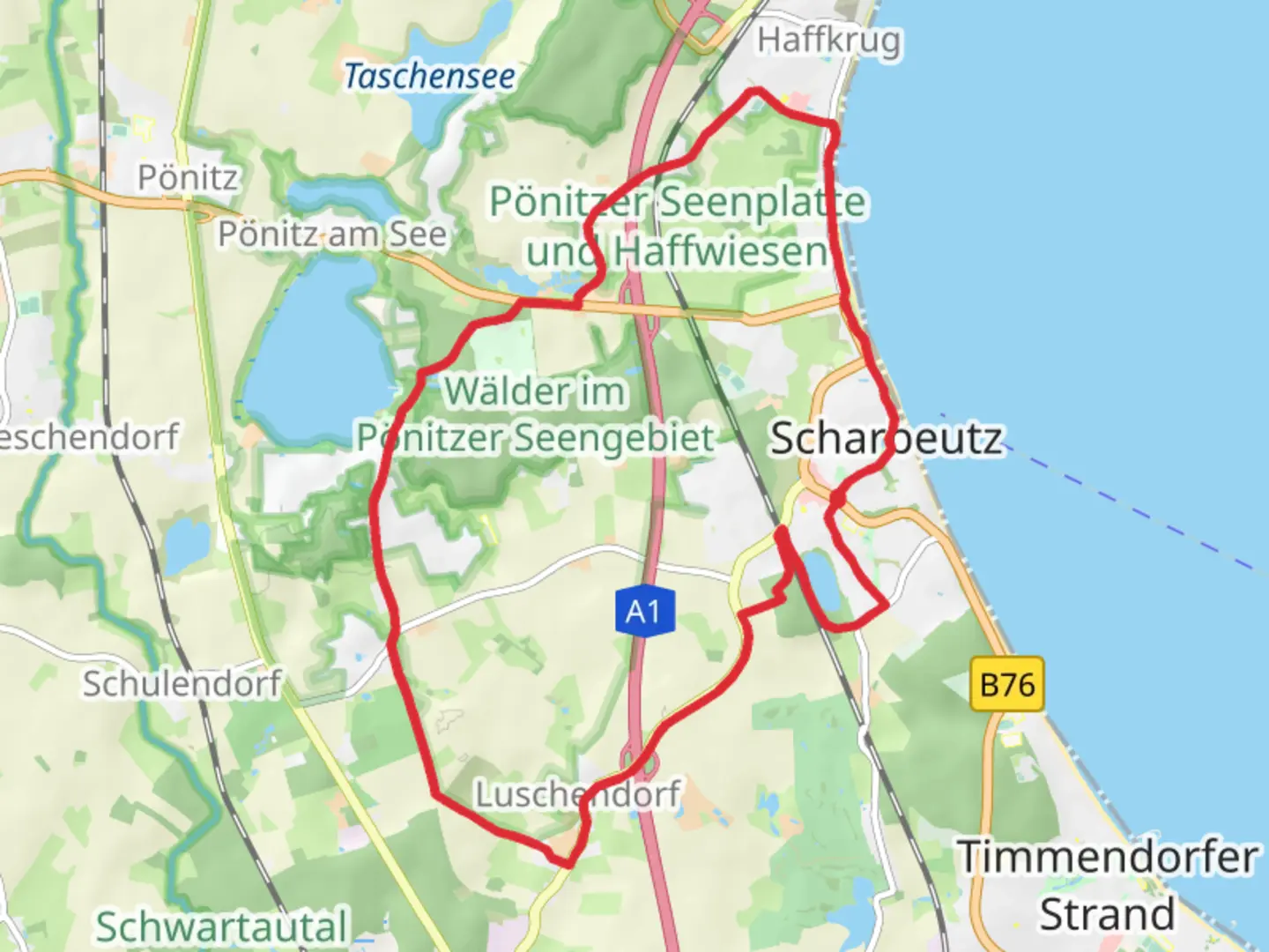 An image depicting the trail Scharbeutz and Grober Ponitzer See Loop and its surrounding area.