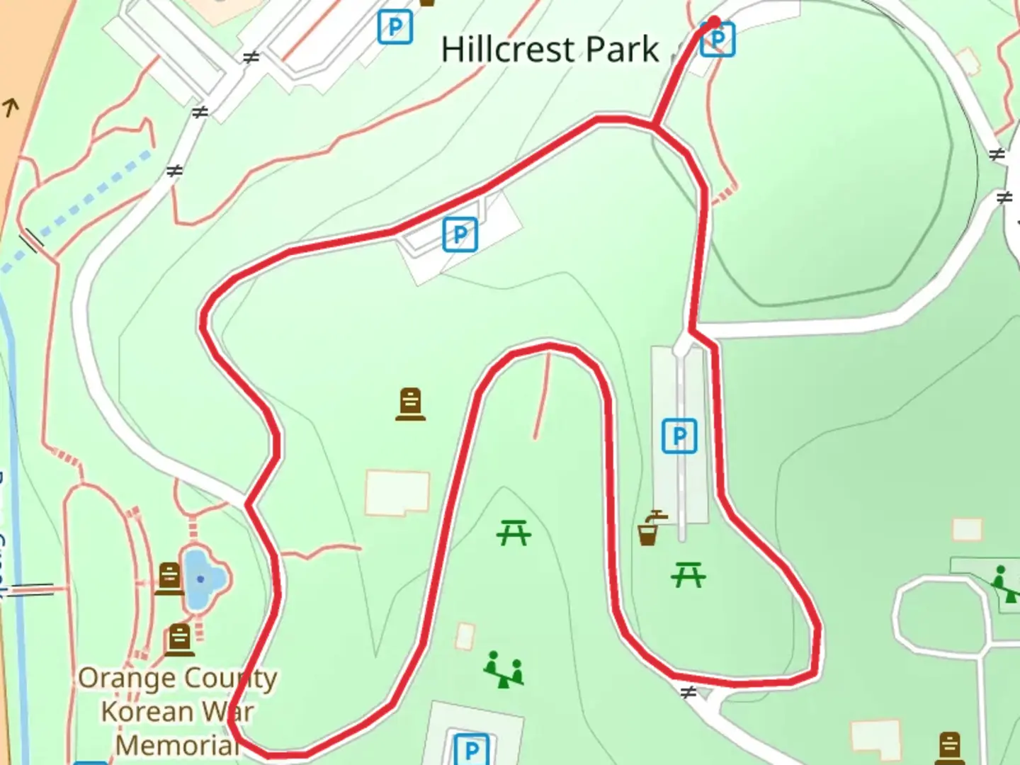 An image depicting the trail Hillcrest Park Loop and its surrounding area.