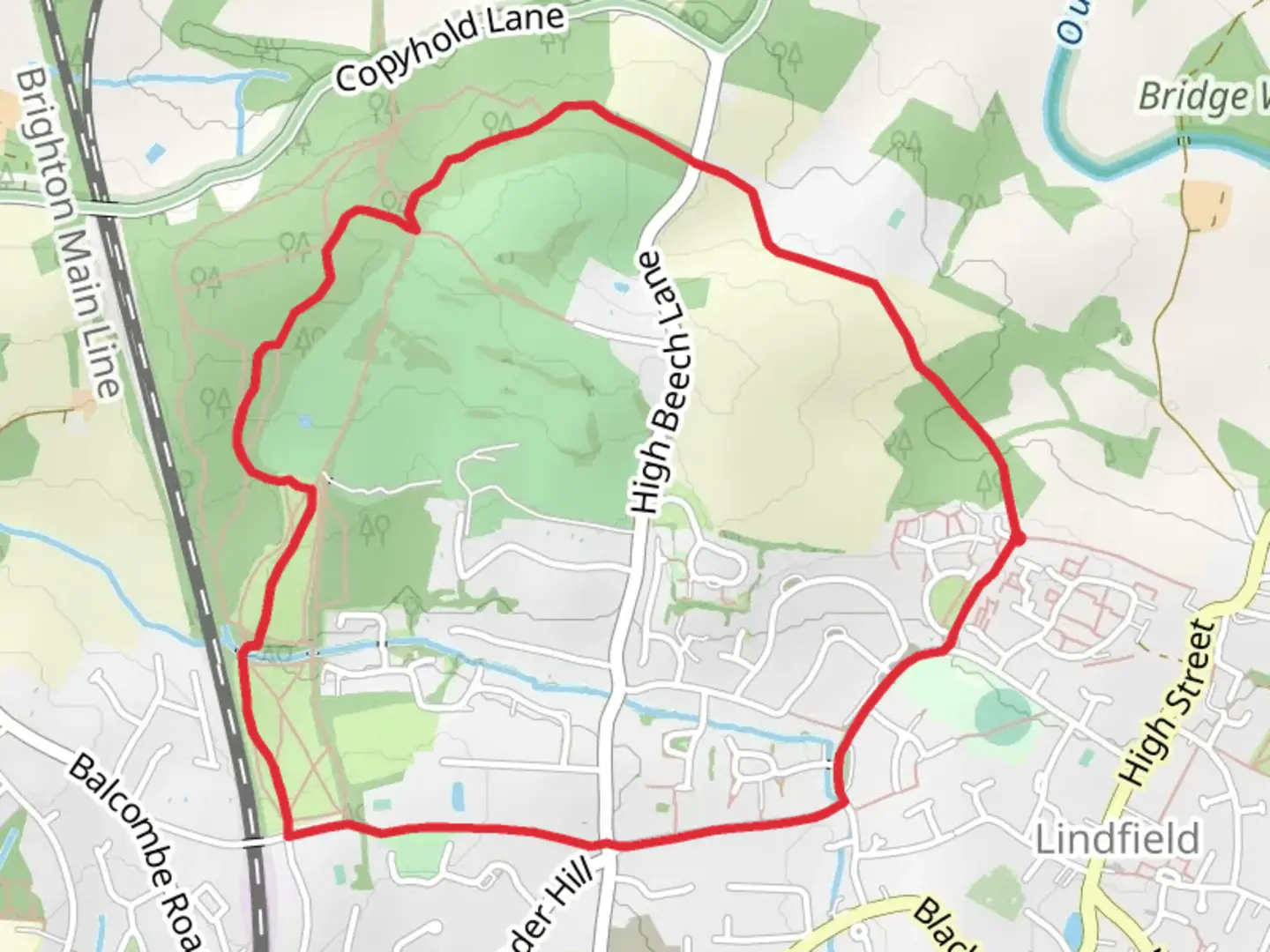 An image depicting the trail Town Wood via Sussex Diamond Way and its surrounding area.