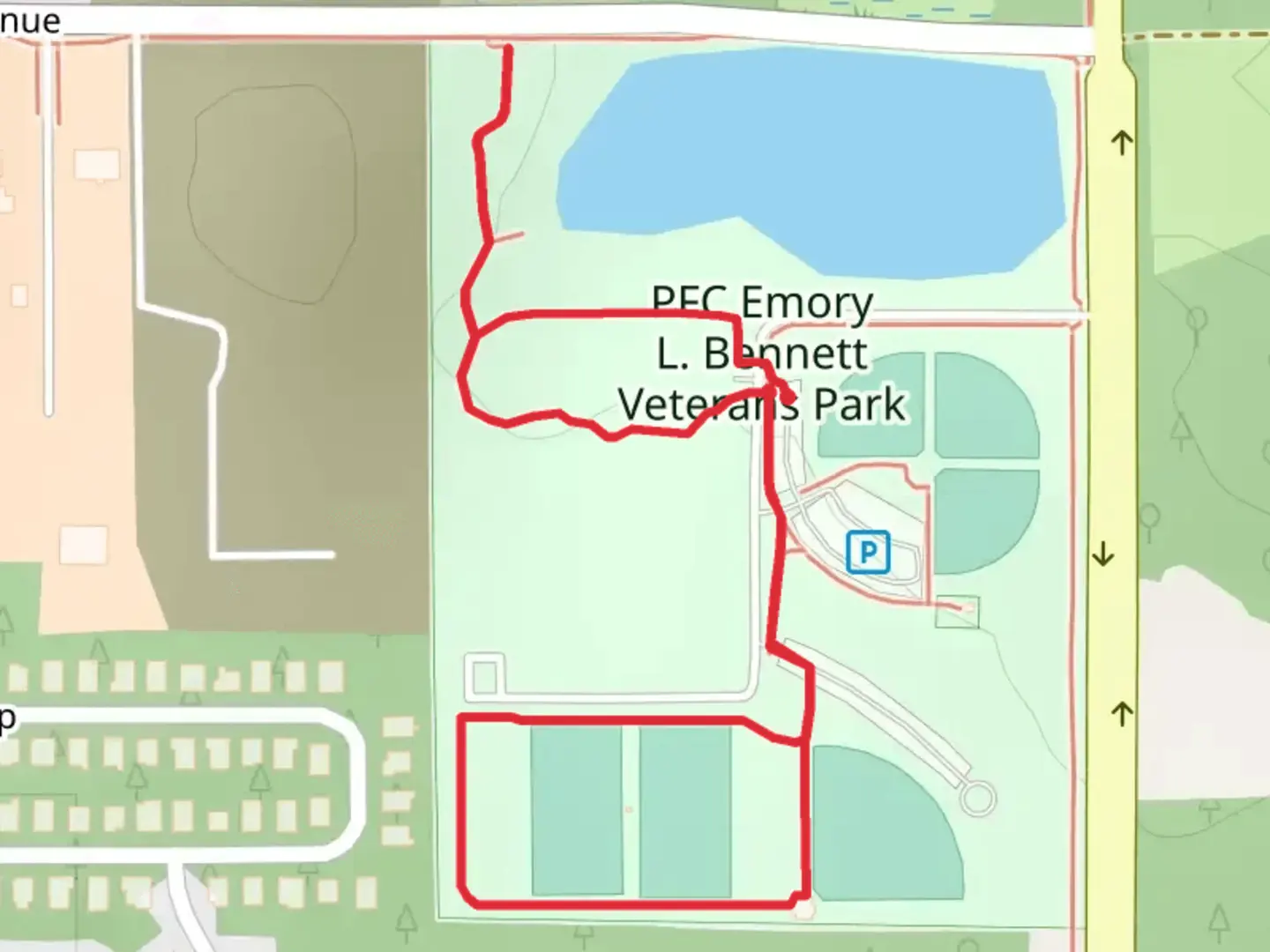 An image depicting the trail PFC Emory L Bennett Veterans Memorial Park Loop and its surrounding area.