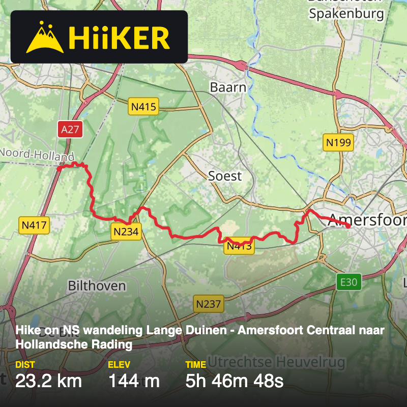 A map preview of the recording Hike on NS wandeling Lange Duinen - Amersfoort Centraal naar Hollandsche Rading.
