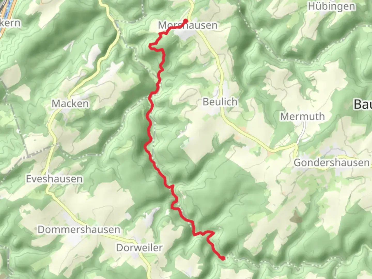 An image depicting the trail Schorfeld to Morshausen via Baybachtal Weg and its surrounding area.