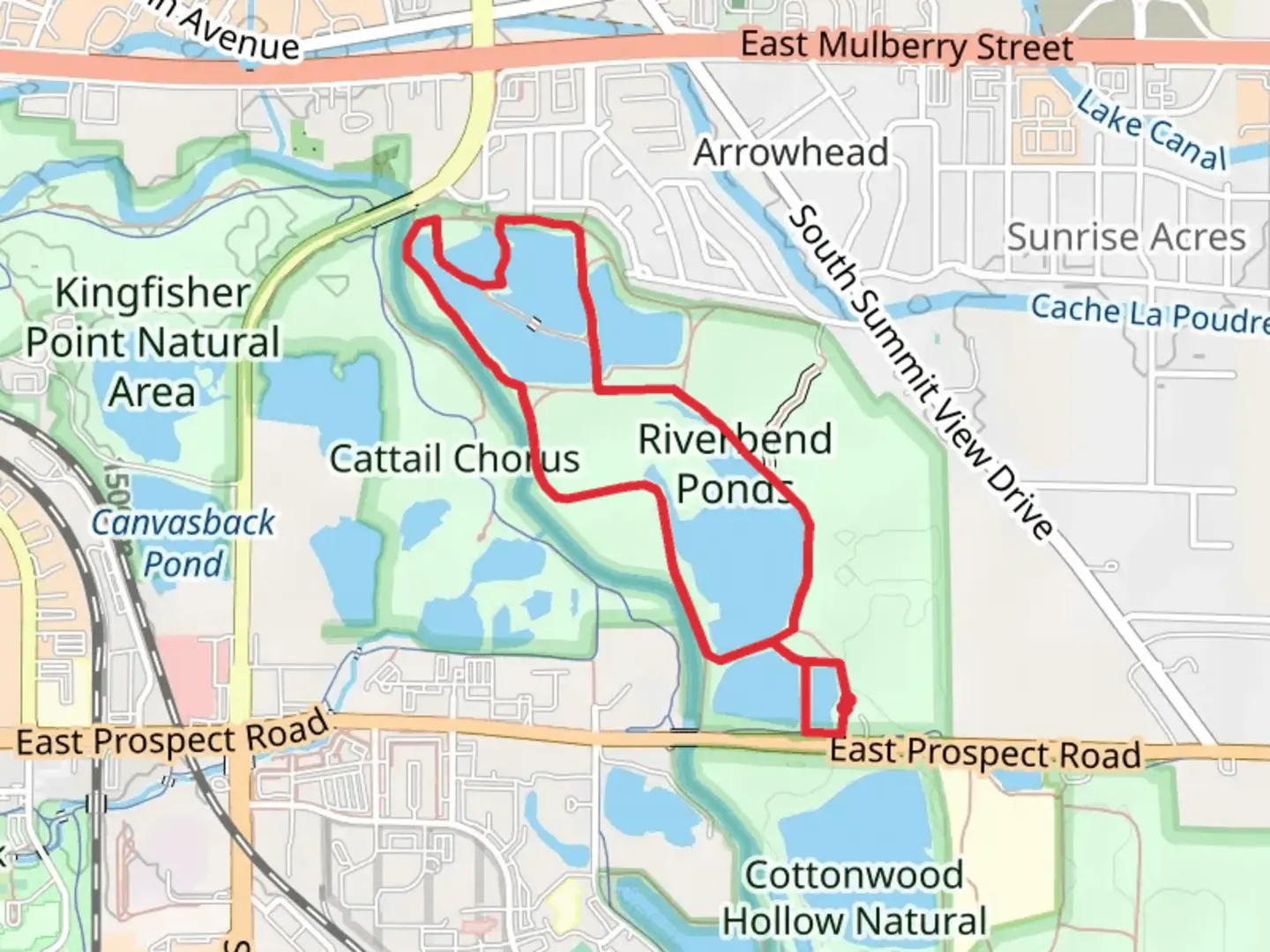 An image depicting the trail Riverbend Ponds Loop - East Prospect Road and its surrounding area.
