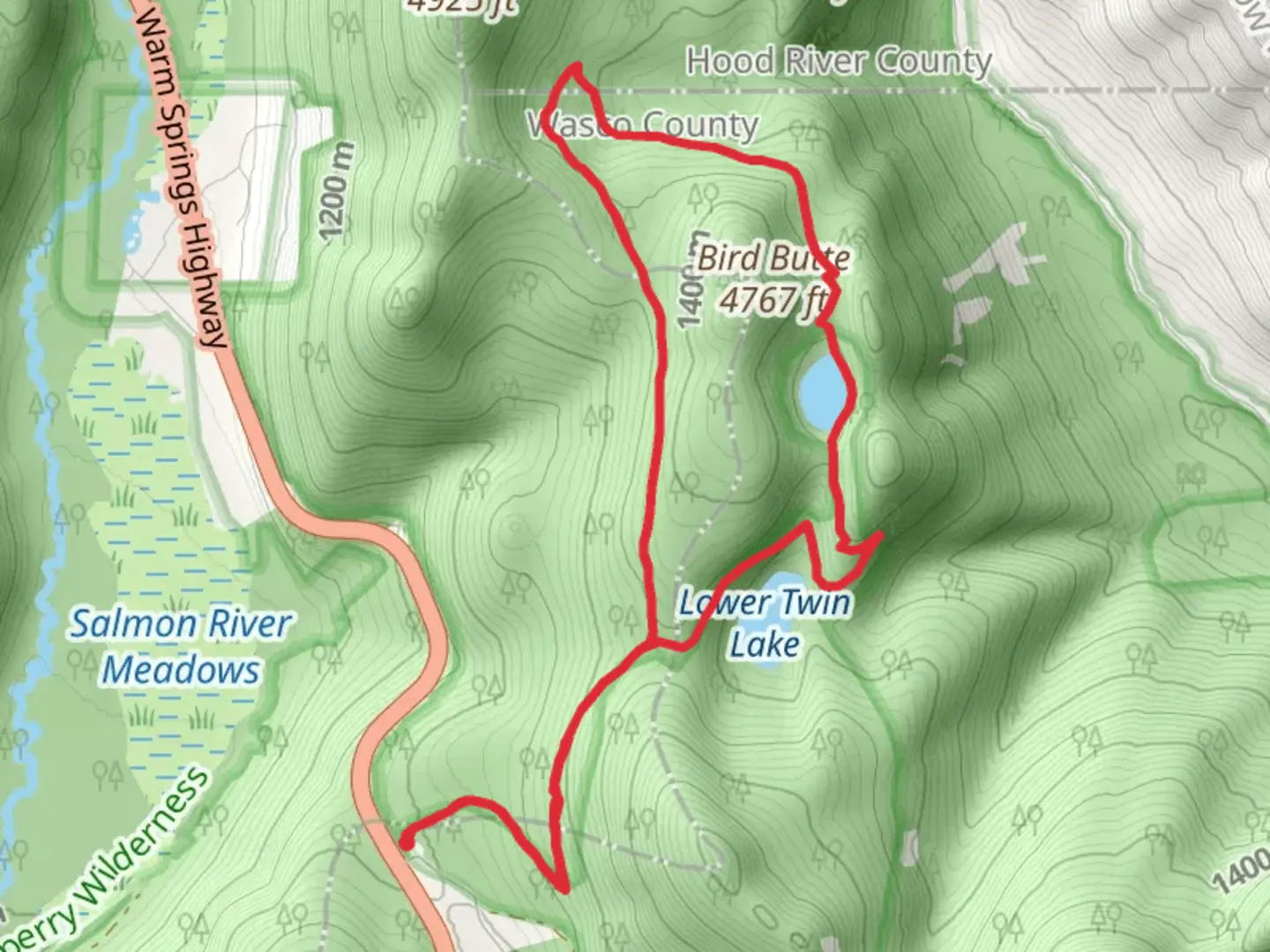 An image depicting the trail Upper Twin Lake, Lower Twin Lake and Bird Buttr Loop and its surrounding area.