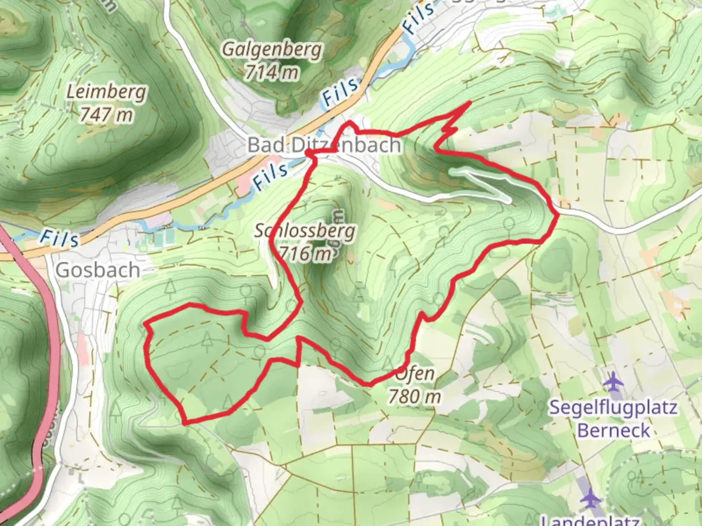 An image depicting the trail Oberberg, Badfelsen, Tierstein and Ruine Hiltenburg Loop and its surrounding area.