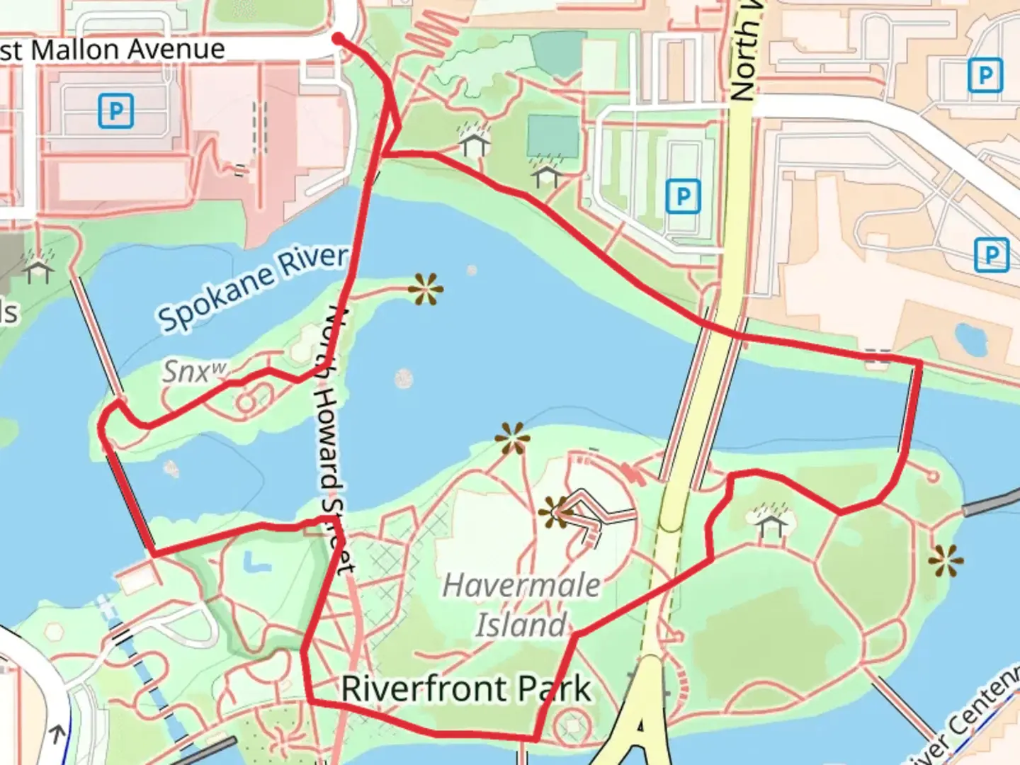 An image depicting the trail Riverfront Park Loop and its surrounding area.