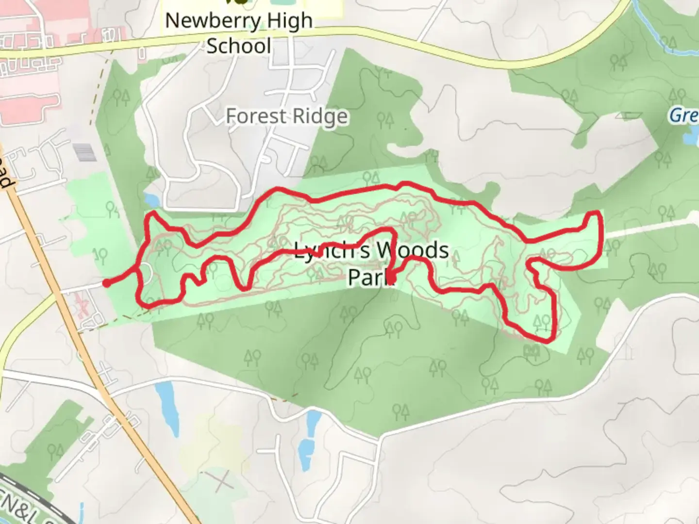 An image depicting the trail Lynch's Woods Park Loop and its surrounding area.