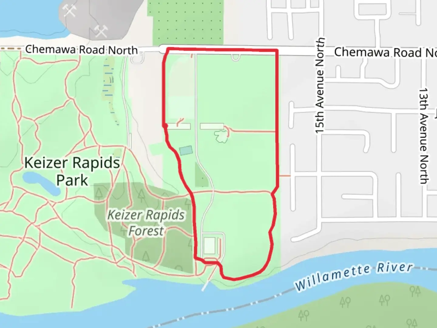 An image depicting the trail Keizer Rapids Park East Loop and its surrounding area.