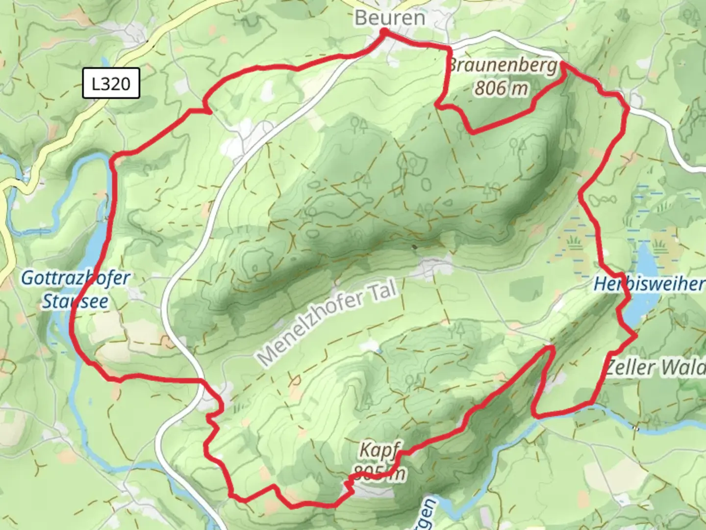 An image depicting the trail Beuren Loop via Gottrazhofer Stausee and its surrounding area.