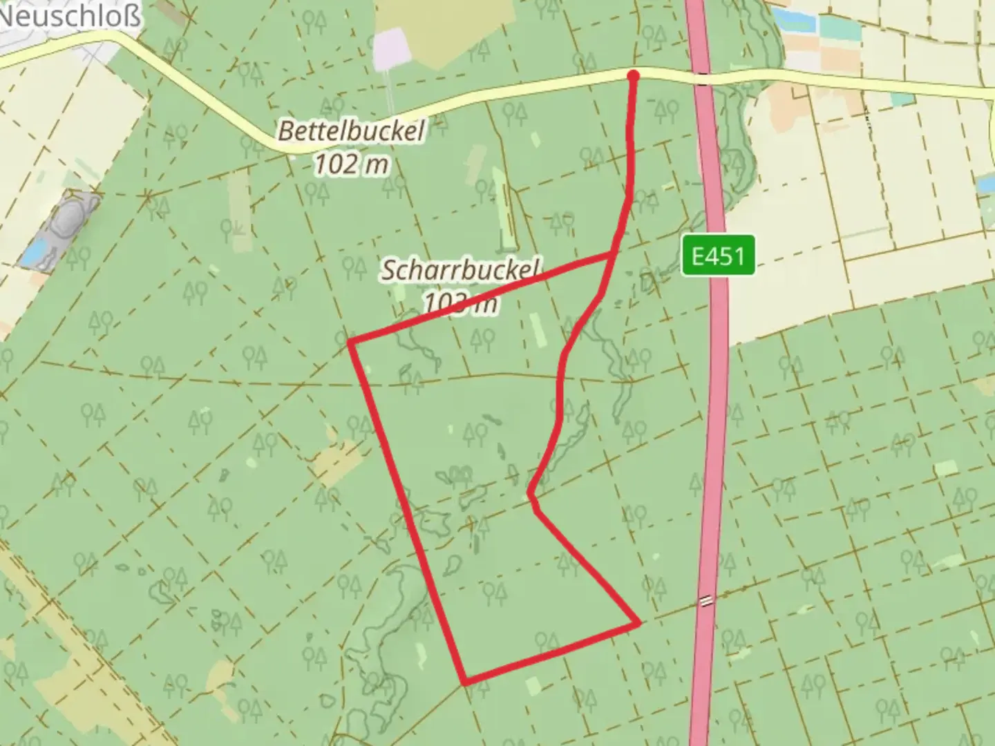 An image depicting the trail Ruetischneise and Beckerschneise and its surrounding area.