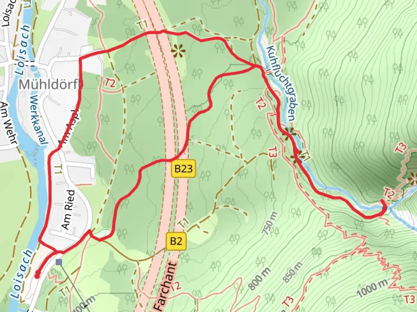 An image depicting the trail Unterer Kuhfluchtwasserfall via Farchant and its surrounding area.