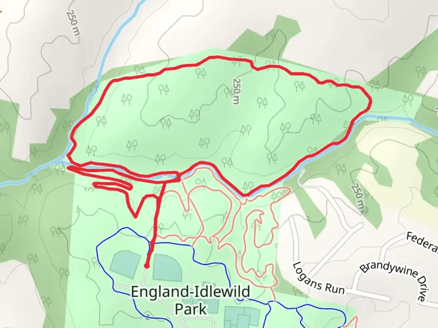 An image depicting the trail England-Idlewild Park Loop - North and its surrounding area.