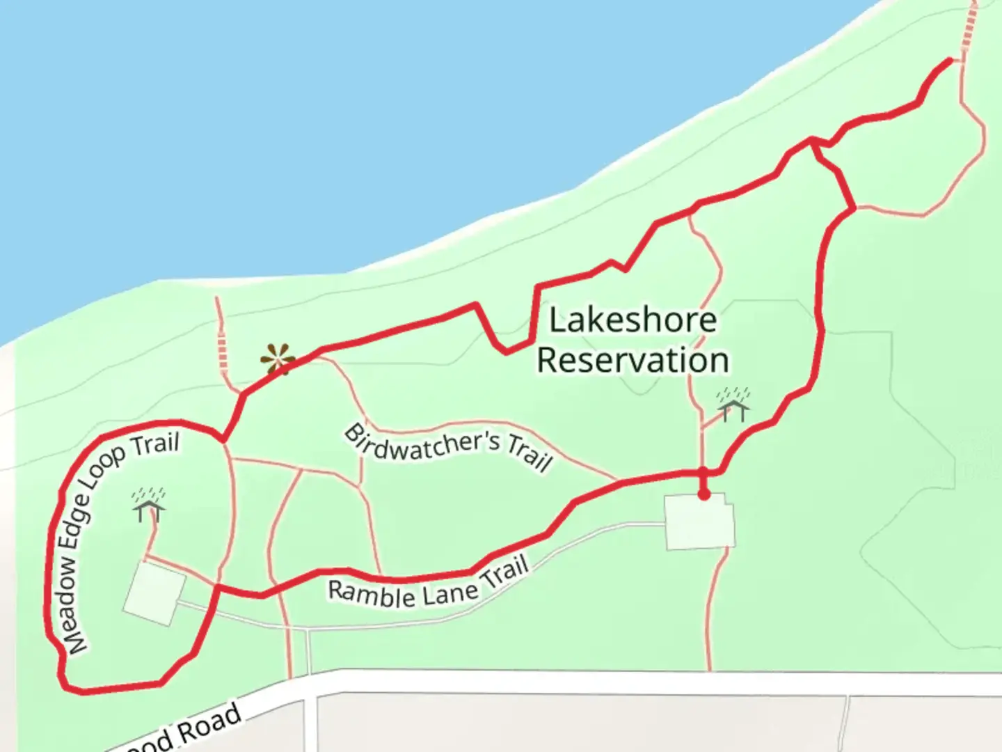 An image depicting the trail Ramble Lane Trail, Birdwatcher's Trail and Meadow Edge Loop Trail and its surrounding area.