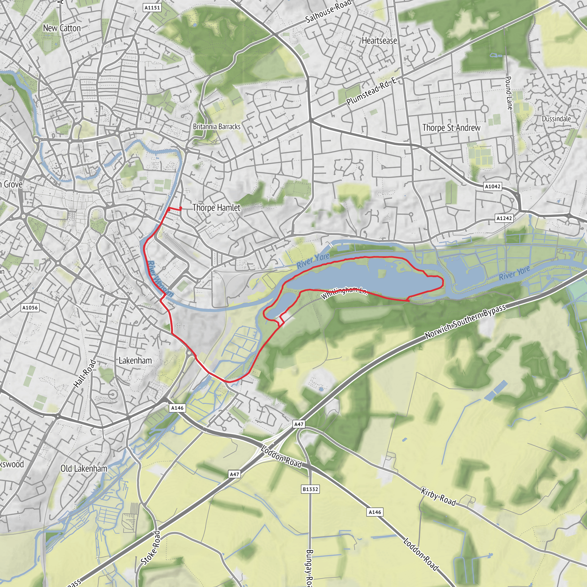 Thorpe Hamlet to Whittlingham Country Park mobile static map