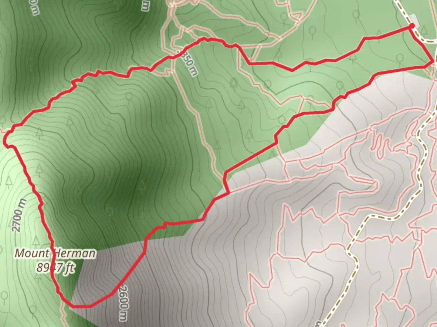 An image depicting the trail Mount Herman Loop from Red Rocks Drive and its surrounding area.