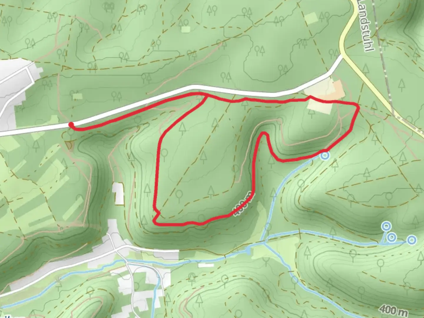 An image depicting the trail Antonihof Loop via Ffalzerwald Gelb Blauer Balken and its surrounding area.