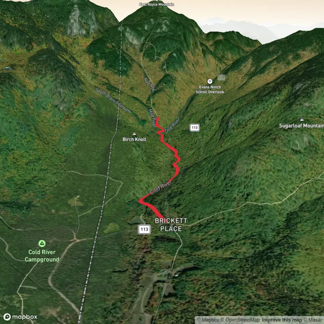 An image depicting the trail Mad River Falls via Royce Trail and its surrounding area.