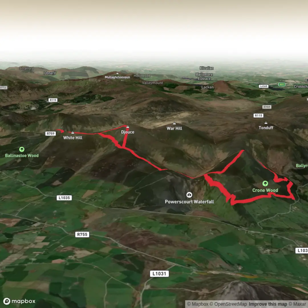 An image depicting the trail Crone, Lough Tay, Djouce & Maulin and its surrounding area.