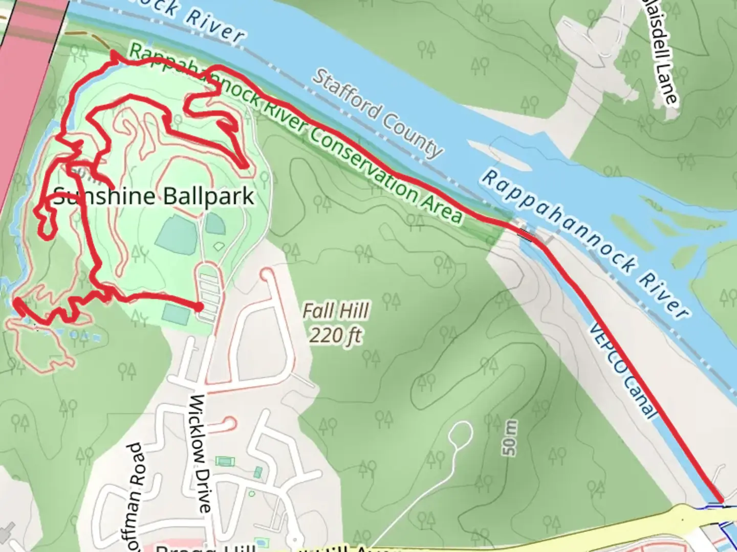 An image depicting the trail Sunshine Trail and Scout Trail in Sunshine Ballpark and its surrounding area.