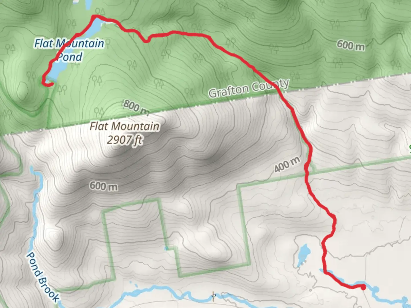 An image depicting the trail Flat Mountain Pond and Whiteface River and its surrounding area.