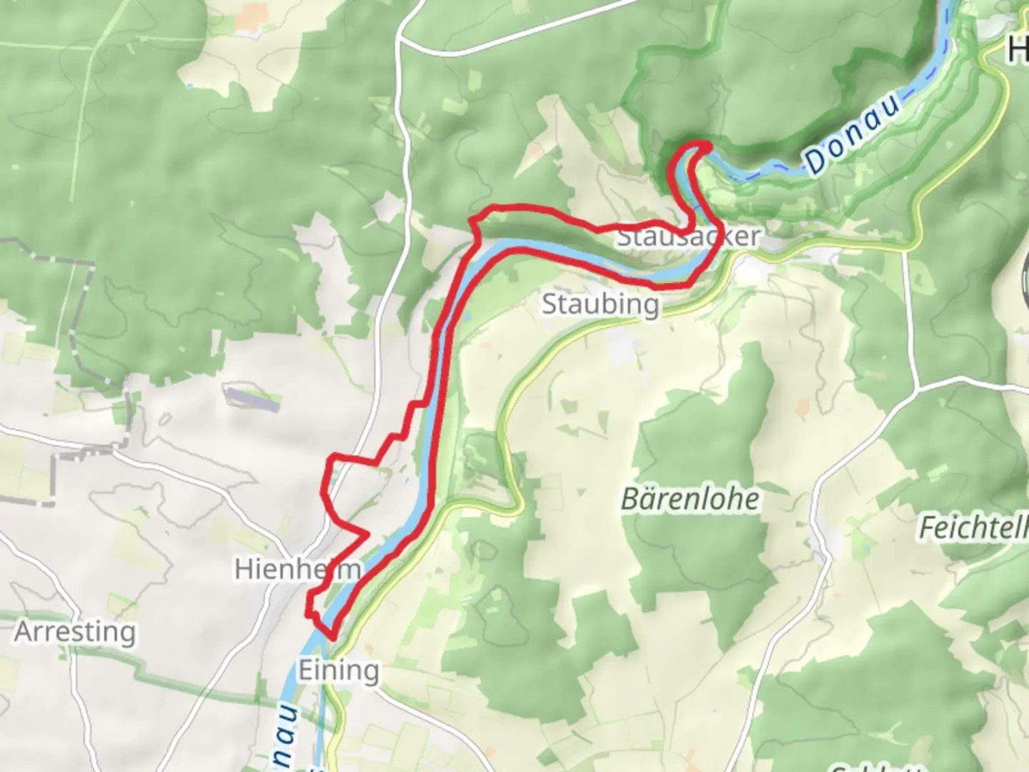 An image depicting the trail Stausacker and Eining Loop via Donau and its surrounding area.