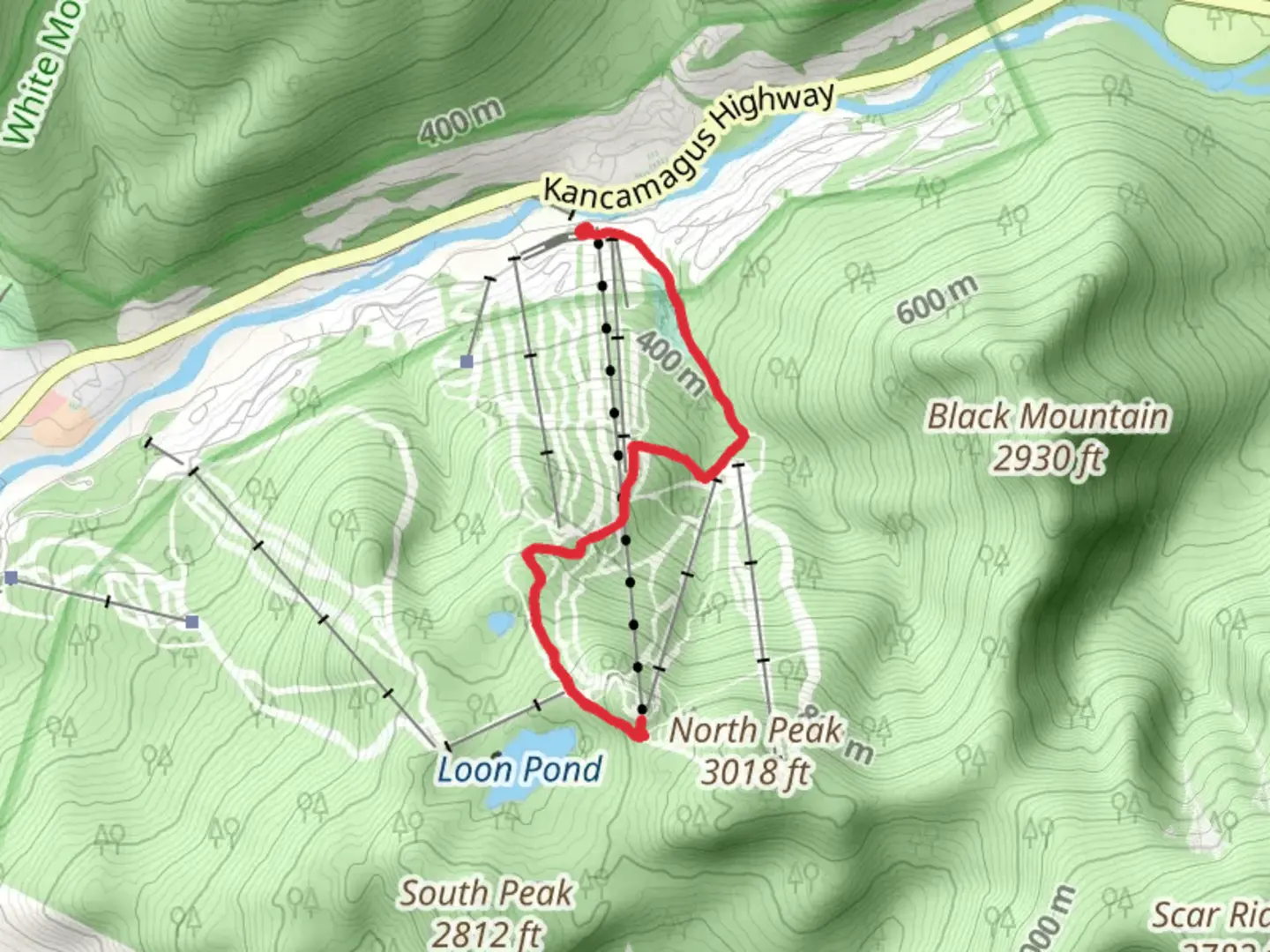 An image depicting the trail Upper Bear Claw via Brook Way and its surrounding area.