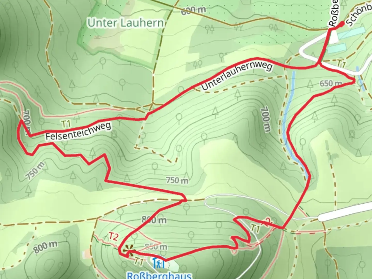 An image depicting the trail Roßberg via Hochgehkaempft and its surrounding area.