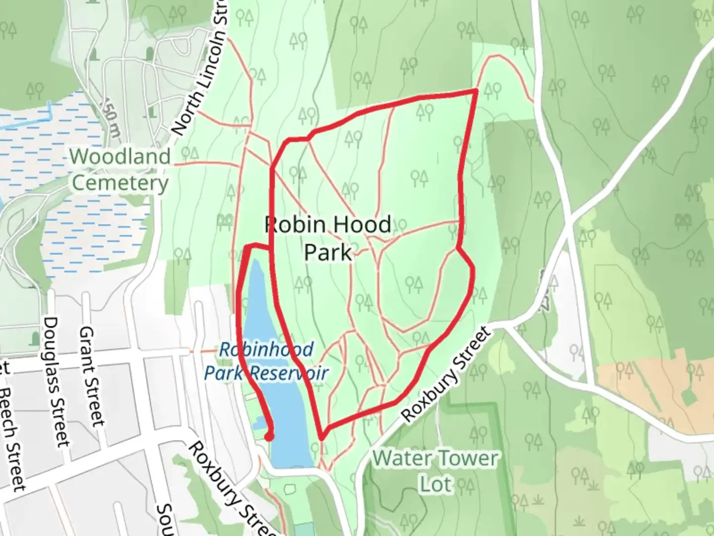 An image depicting the trail Robinhood Park Reservoir Loop and its surrounding area.