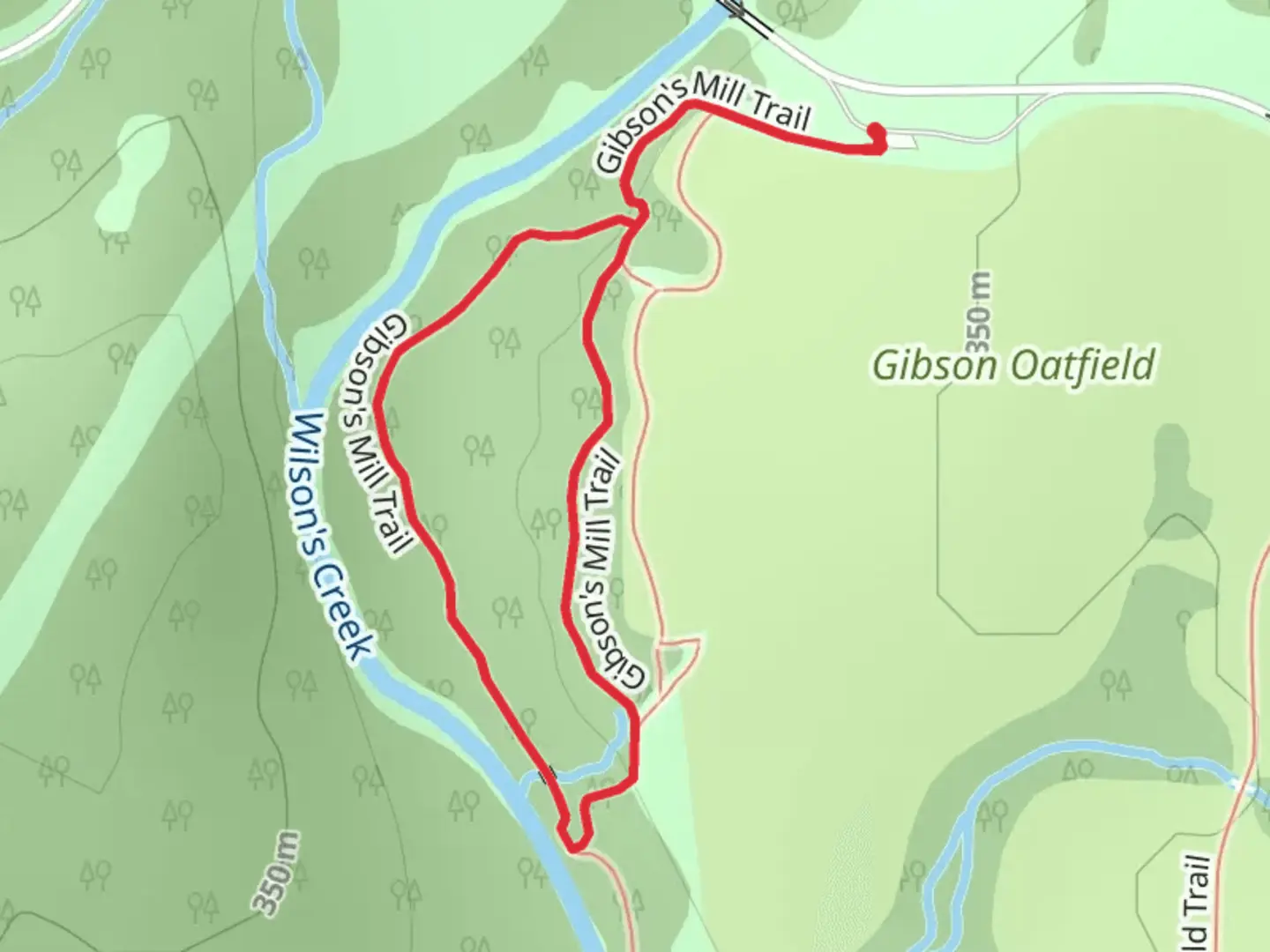 An image depicting the trail Gibson's Mill Loop Trail and its surrounding area.