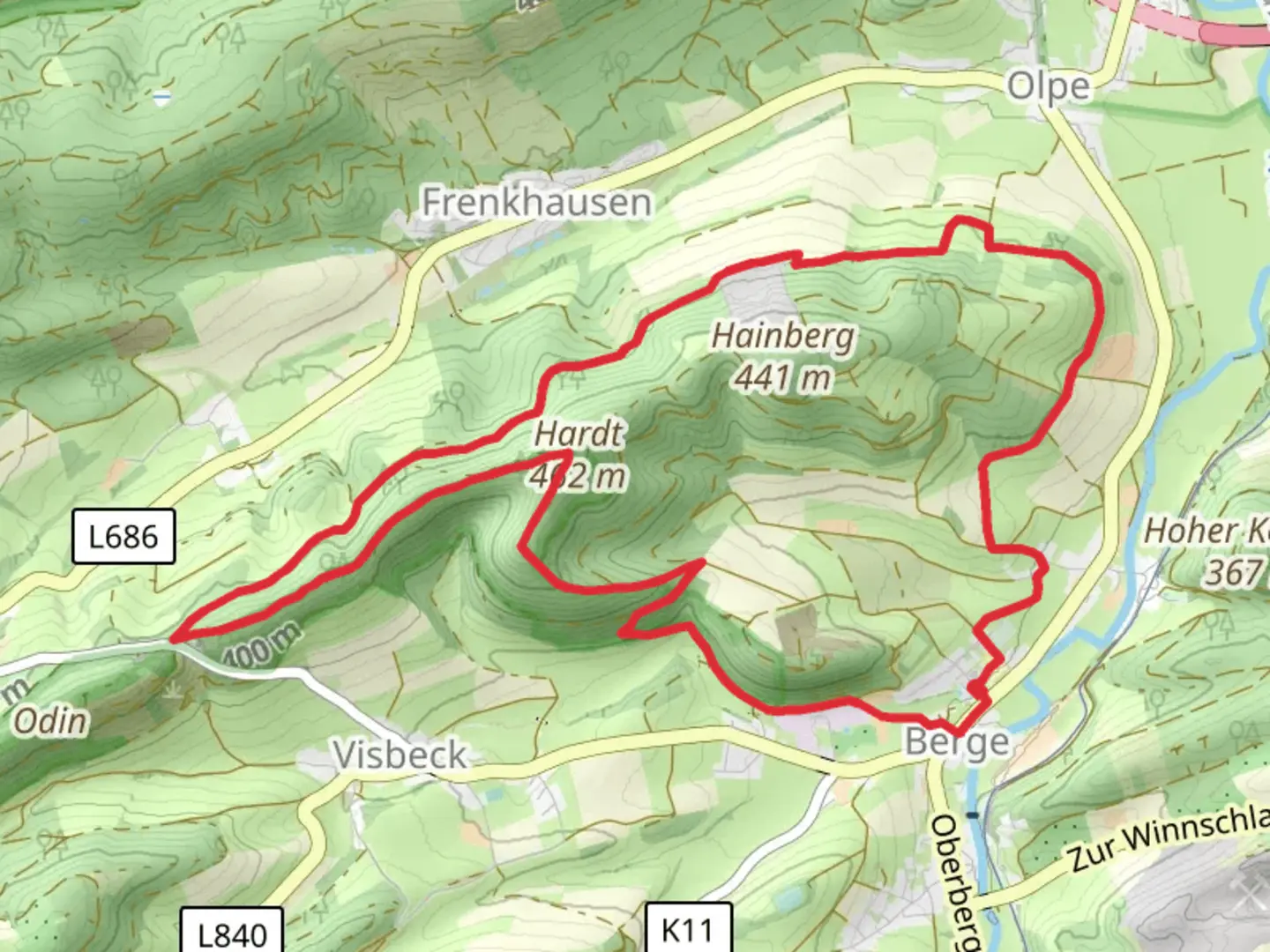 An image depicting the trail Hardtkopf via Berge Rundweg and its surrounding area.