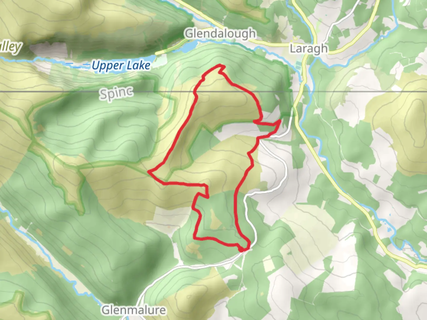 An image depicting the trail Shay Elliot to Derrybawn and back and its surrounding area.