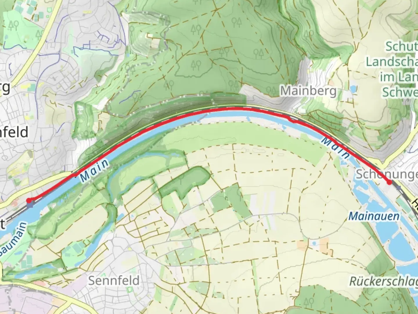 An image depicting the trail Schweinfurt Stadt to Schonungen via Main via Am Nadeloehr and its surrounding area.