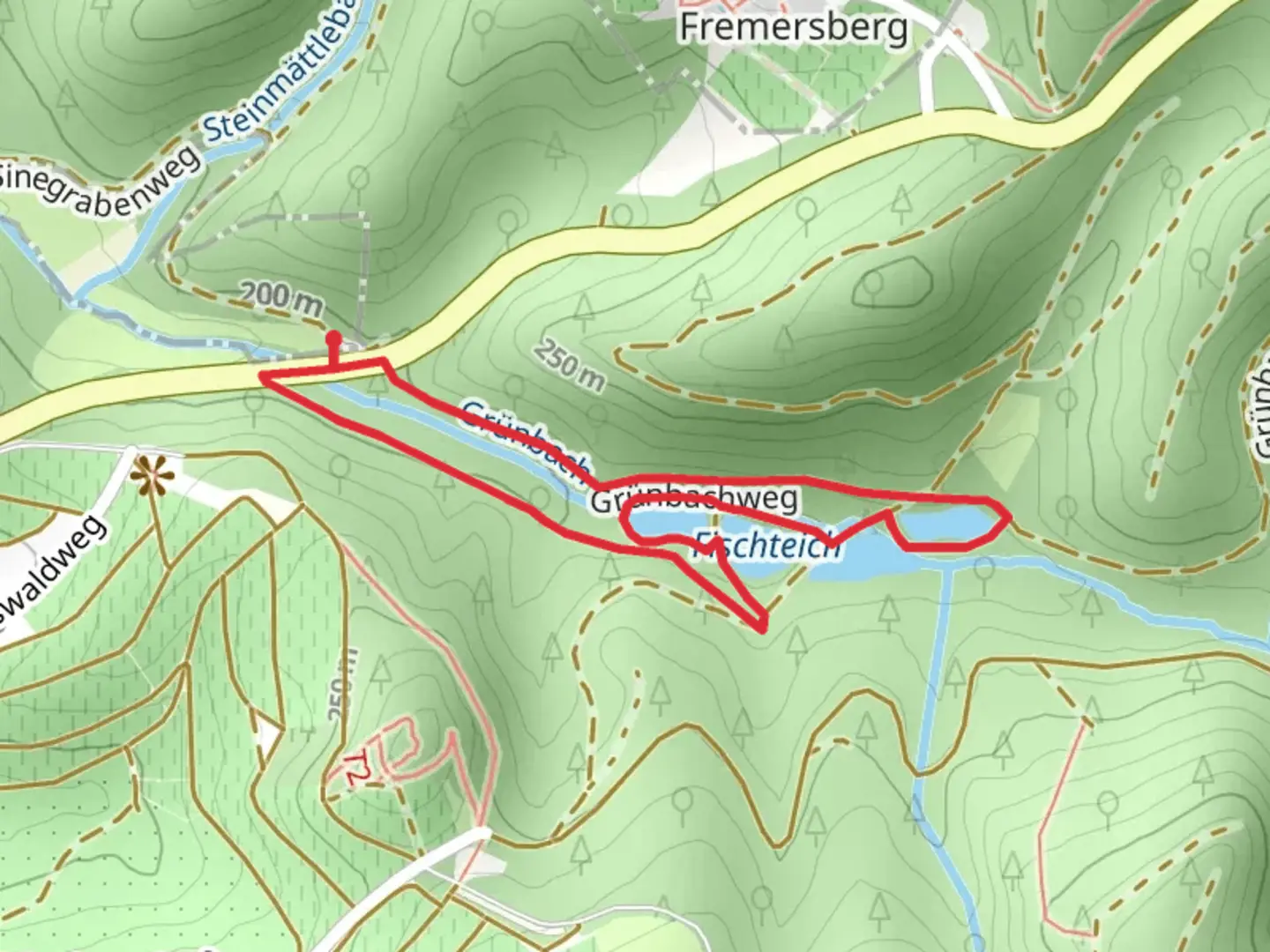 An image depicting the trail Fischteich Loop via Gruenbachweg and its surrounding area.