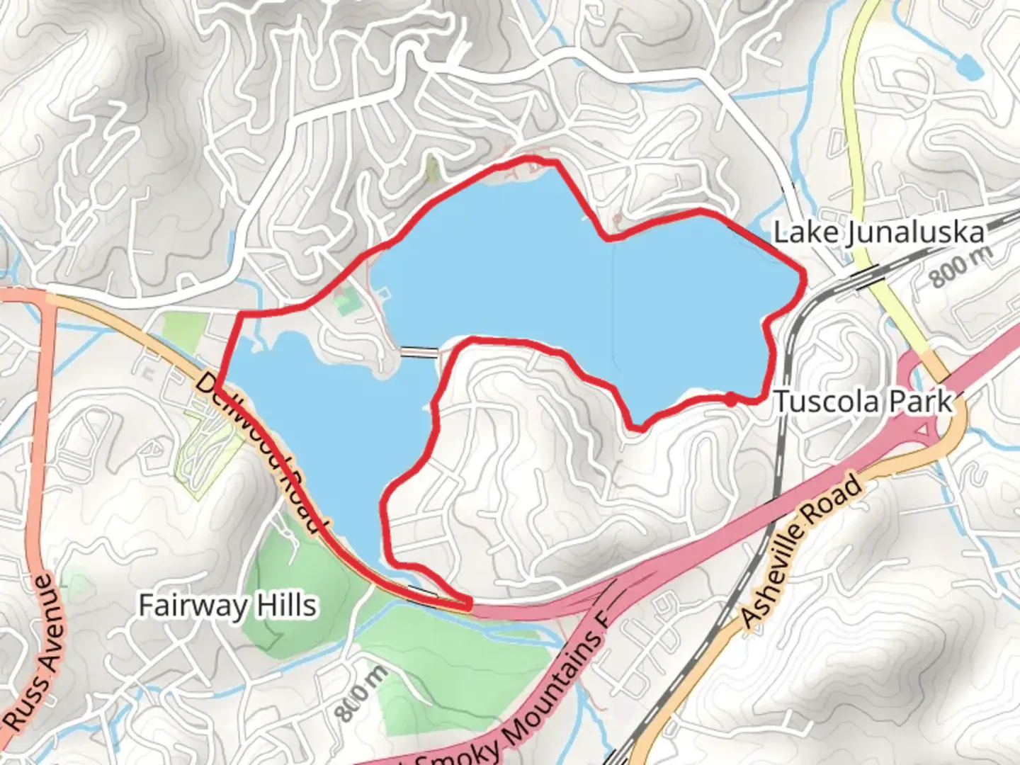 An image depicting the trail Lake Junaluska Loop and its surrounding area.