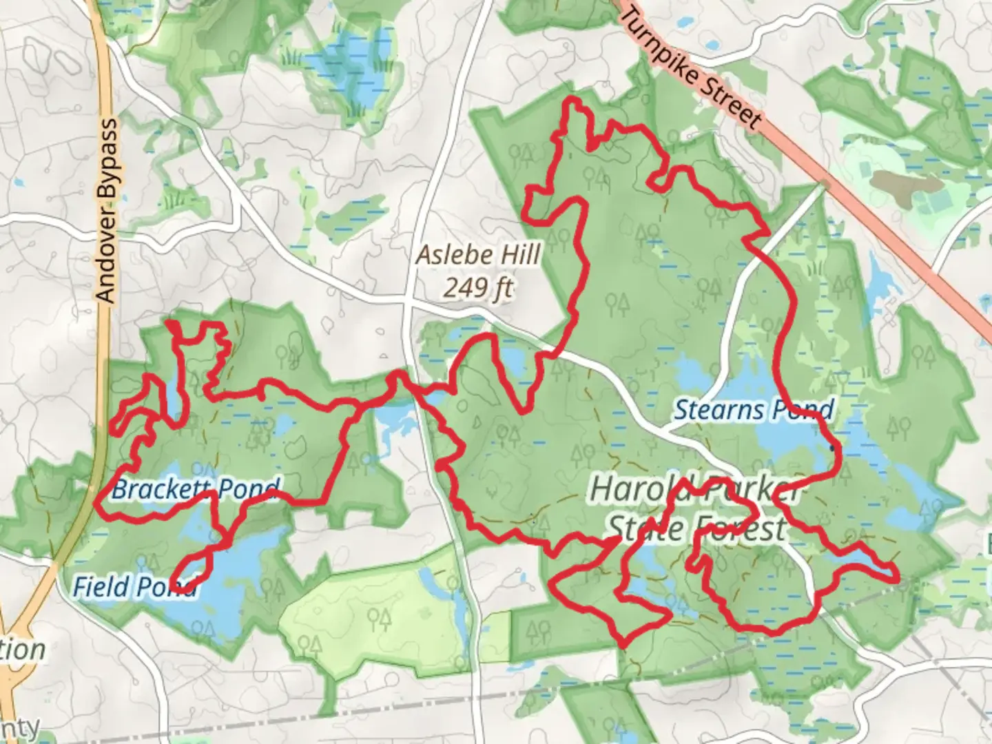 An image depicting the trail Delano Pond, Brackett Pond, Field Pond, Salem Pond and Sterns Pond Loop and its surrounding area.