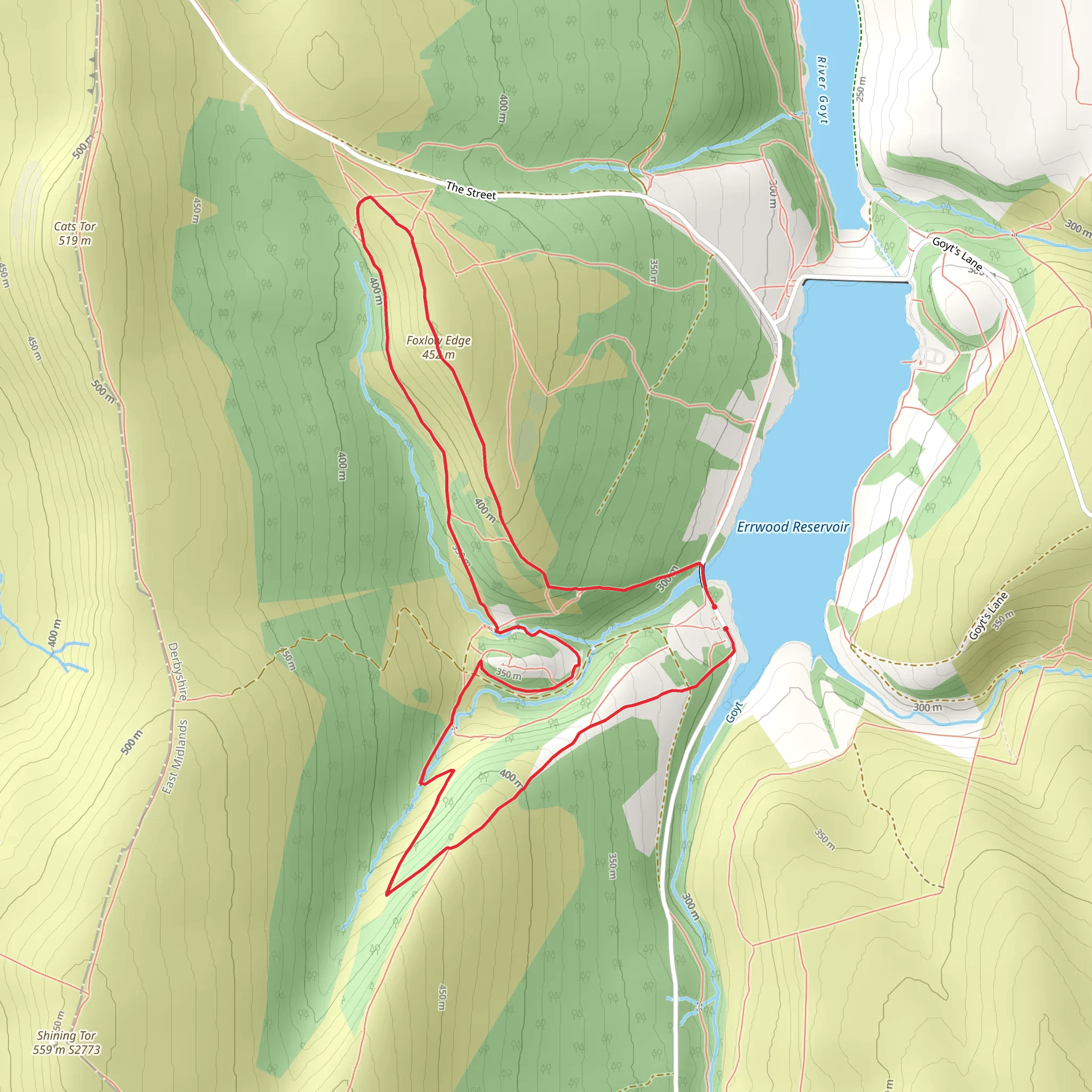 Ruin of Errwood and St Joseph's Shrine from Errwood Reservoir mobile static map