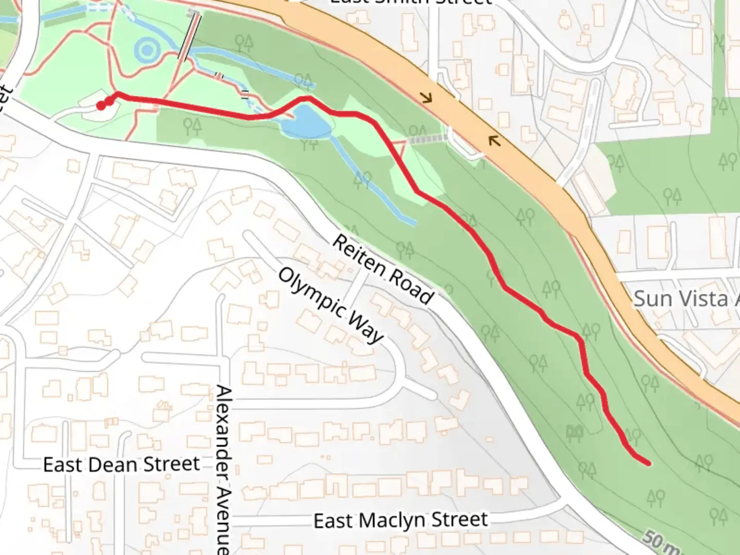 An image depicting the trail Reiten Road and its surrounding area.