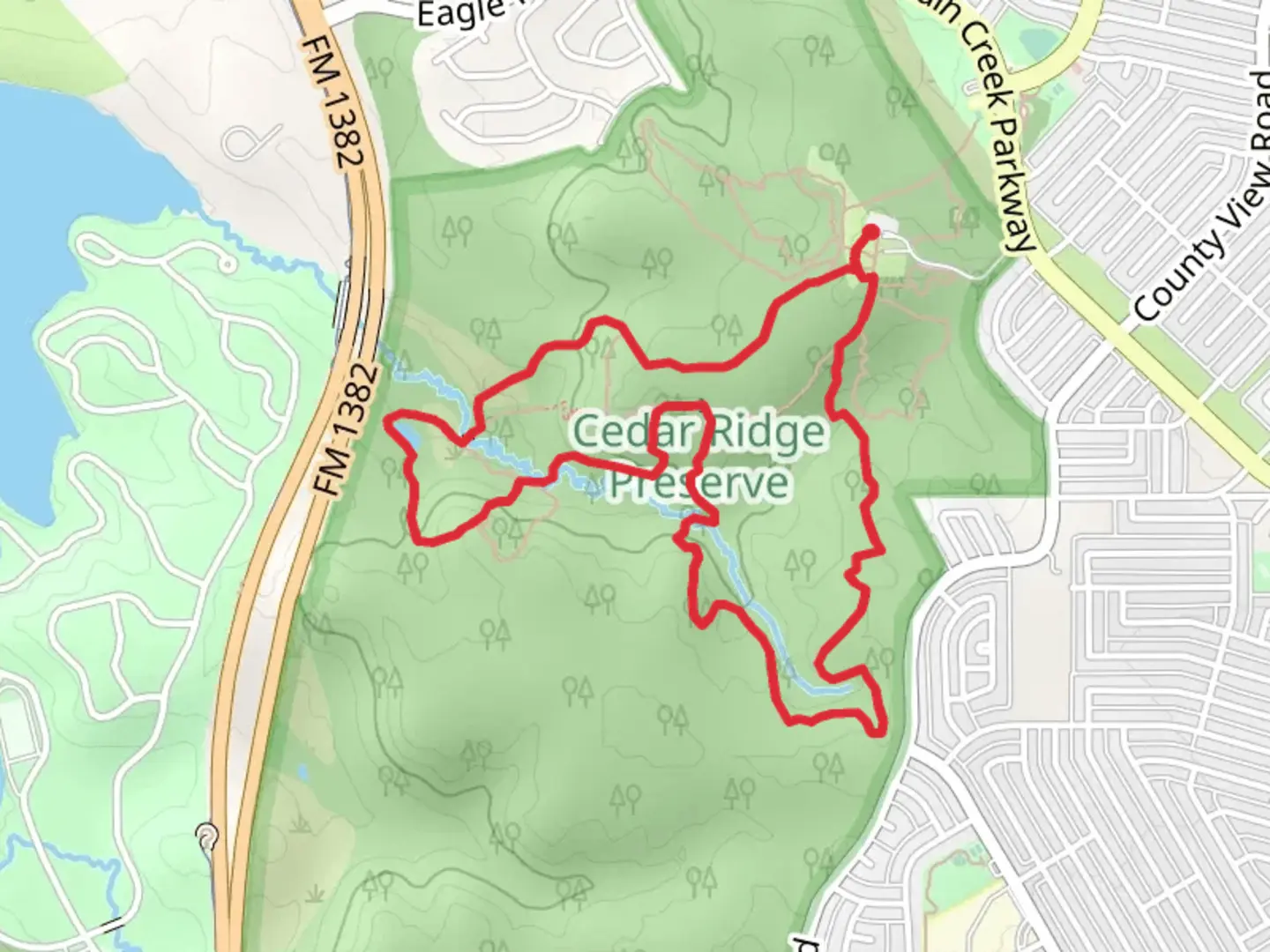 An image depicting the trail Cattail Pond - Cedar Brake and Fossil Valley Loop Trail and its surrounding area.