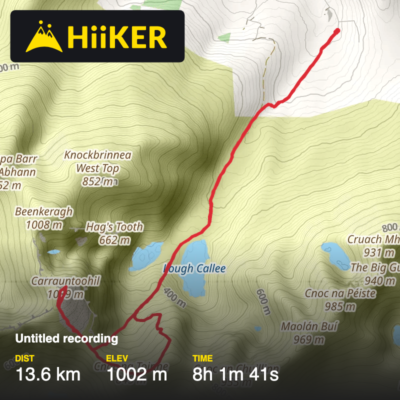 A map preview of the recording Carrauntoohill via the Devils Ladder and descent via the Zig Zags.