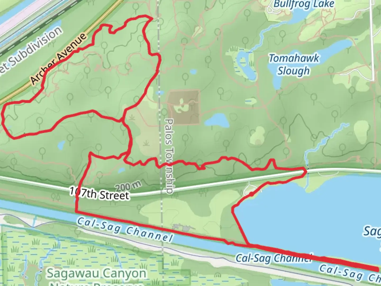 An image depicting the trail Saganashkee Slough and Palos Orange Single Track Trail Loop and its surrounding area.
