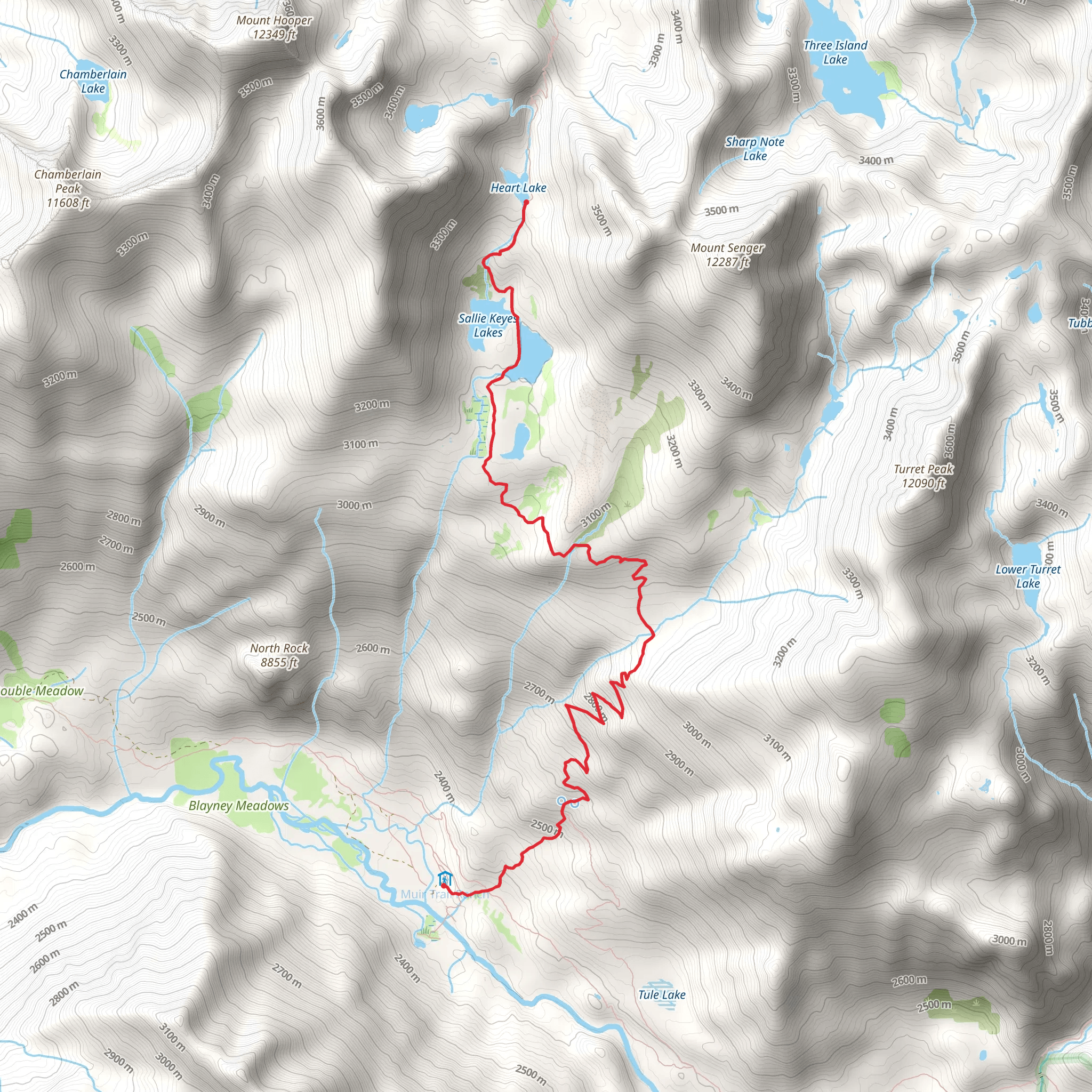 Sallie Keyes Cutoff Trail and John Muir Trail to Heart Lake mobile static map