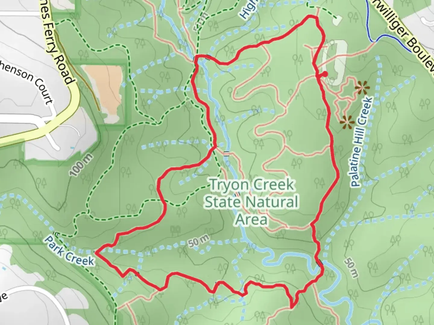 An image depicting the trail Middle Creek Trail and Cedar Trail Loop and its surrounding area.