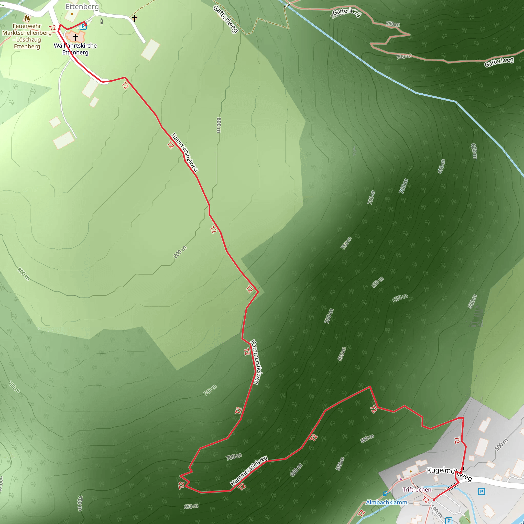 Altes Mesr Mesnerw to Zur Kugelmuehle via Hammerstielweg mobile static map