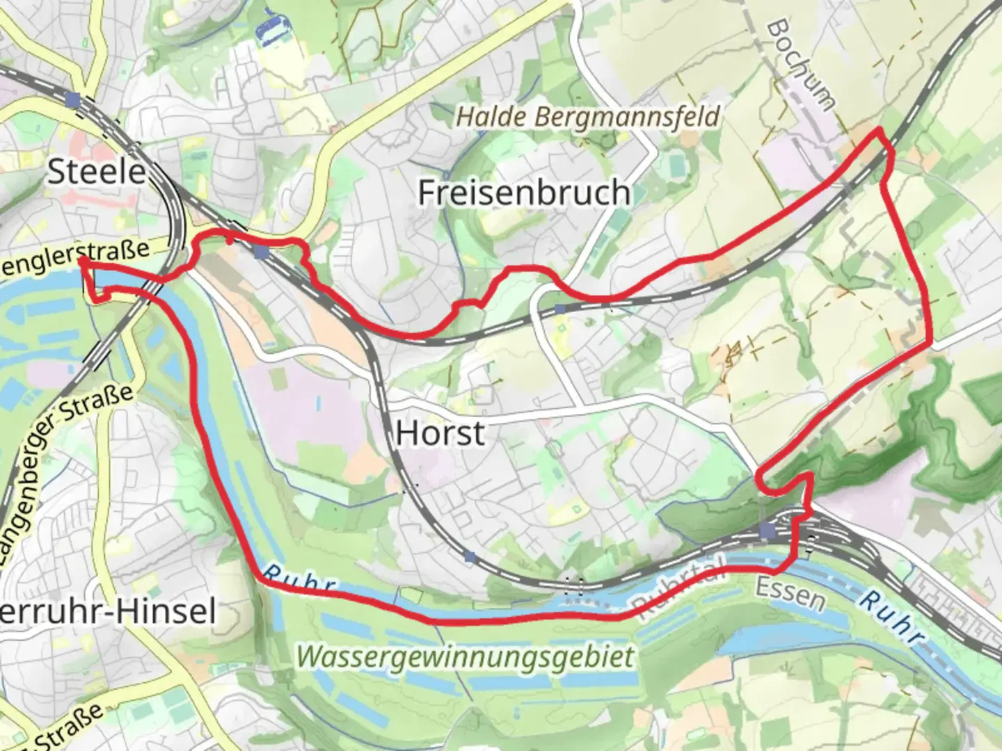 An image depicting the trail Ruhr via Wichteltal Höntroper Straße and its surrounding area.