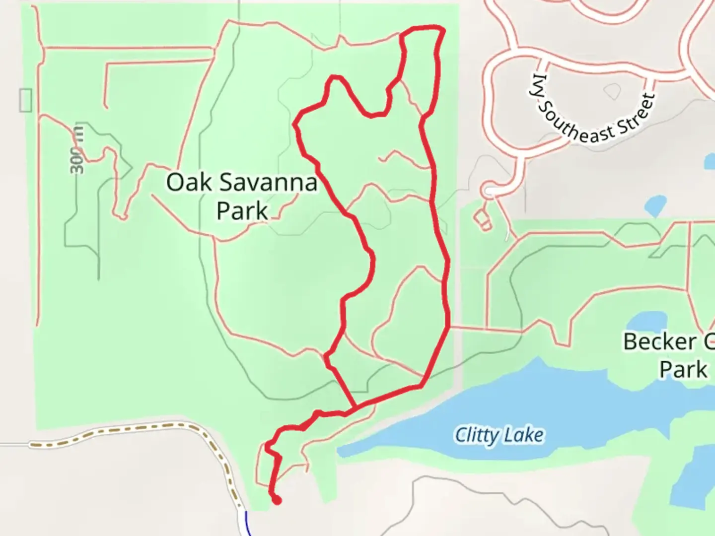 An image depicting the trail Oak Savanna Park East Loop and its surrounding area.