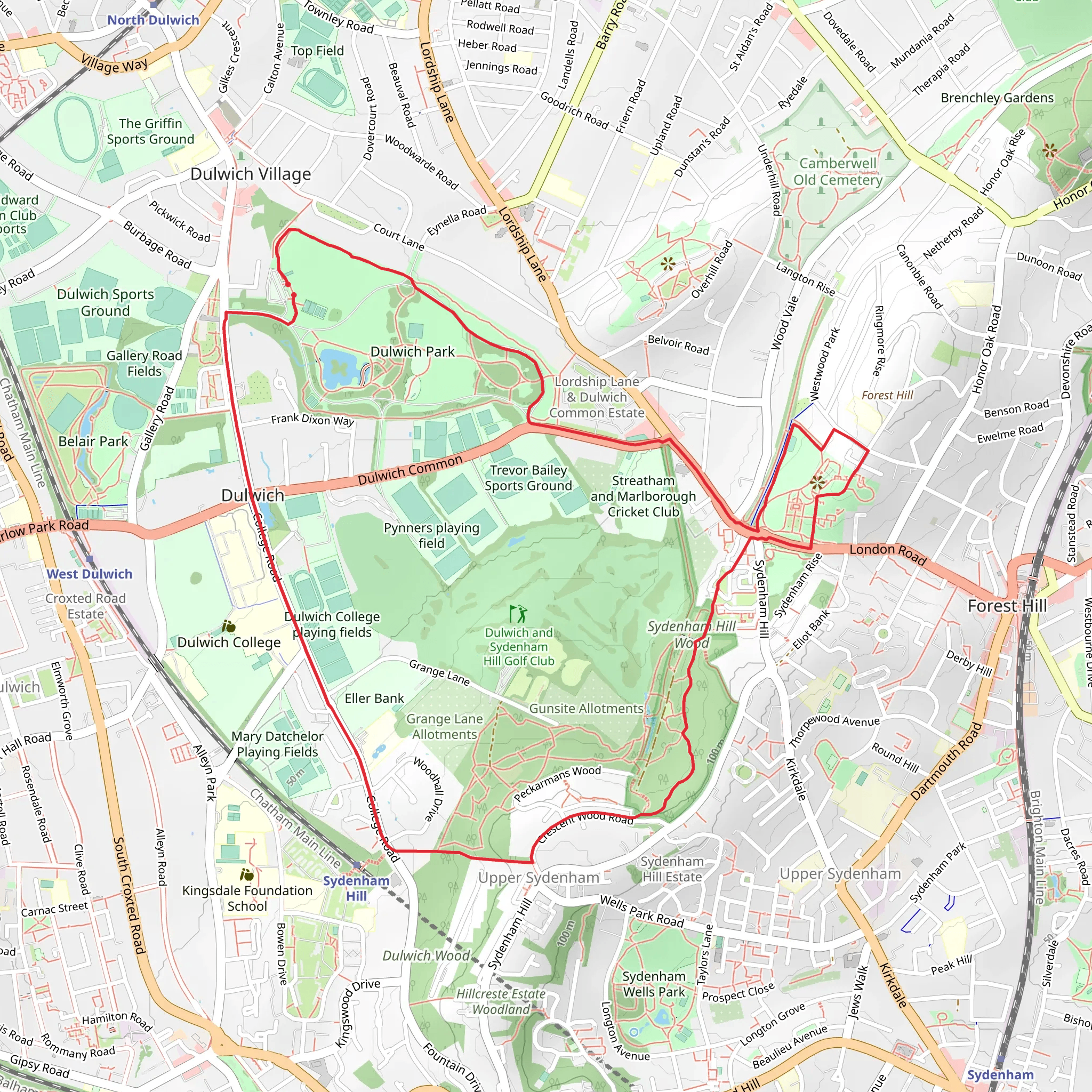 Dulwich Park, Display Garden and Sydenhan Hill Wood Loop mobile static map