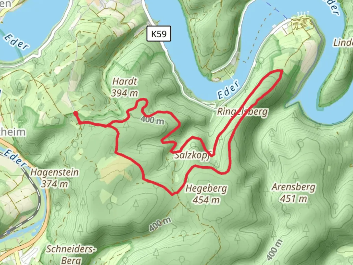 An image depicting the trail Ringelsberg, Hegeberg and Bettelkopf Loop and its surrounding area.