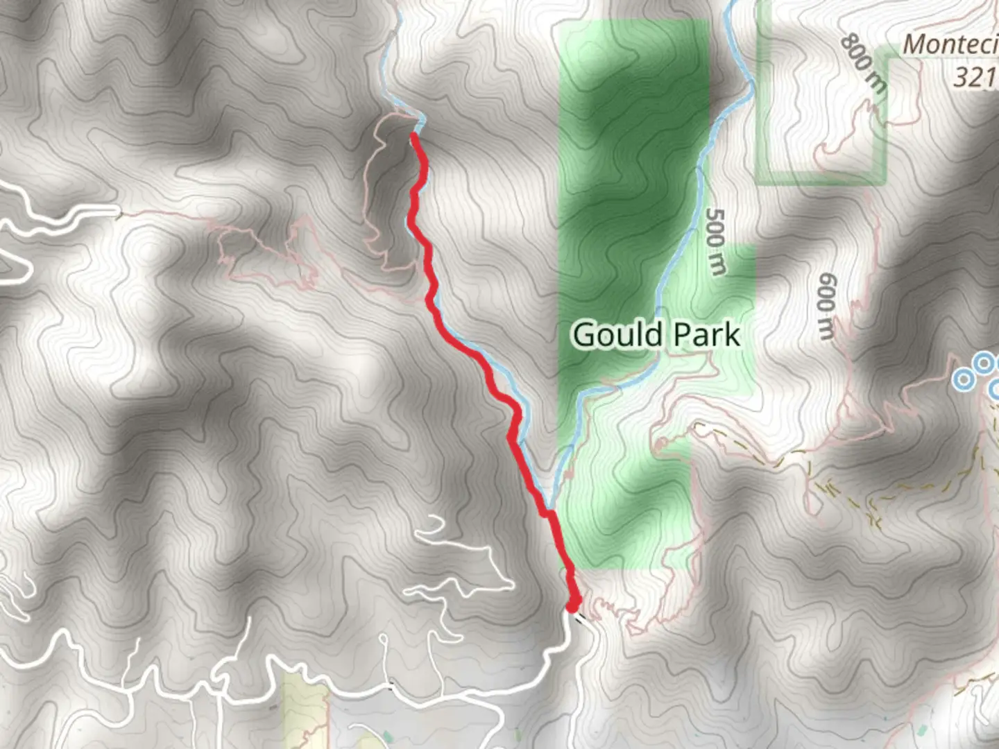 An image depicting the trail Montecito Creek and West Fork Cold Spring Trail and its surrounding area.