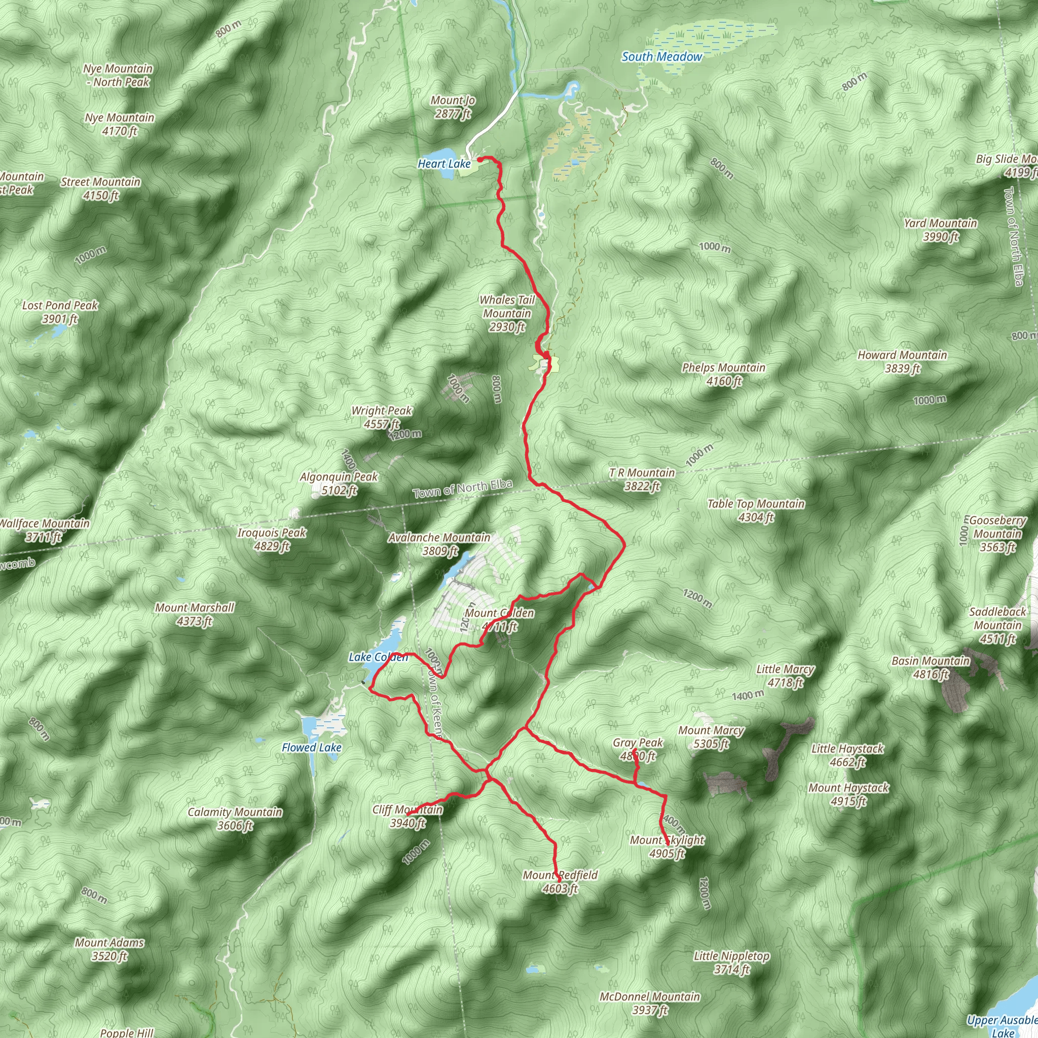Mount Skylight, Cliff Mountain and Lake Colden Loop via Heart Lake mobile static map