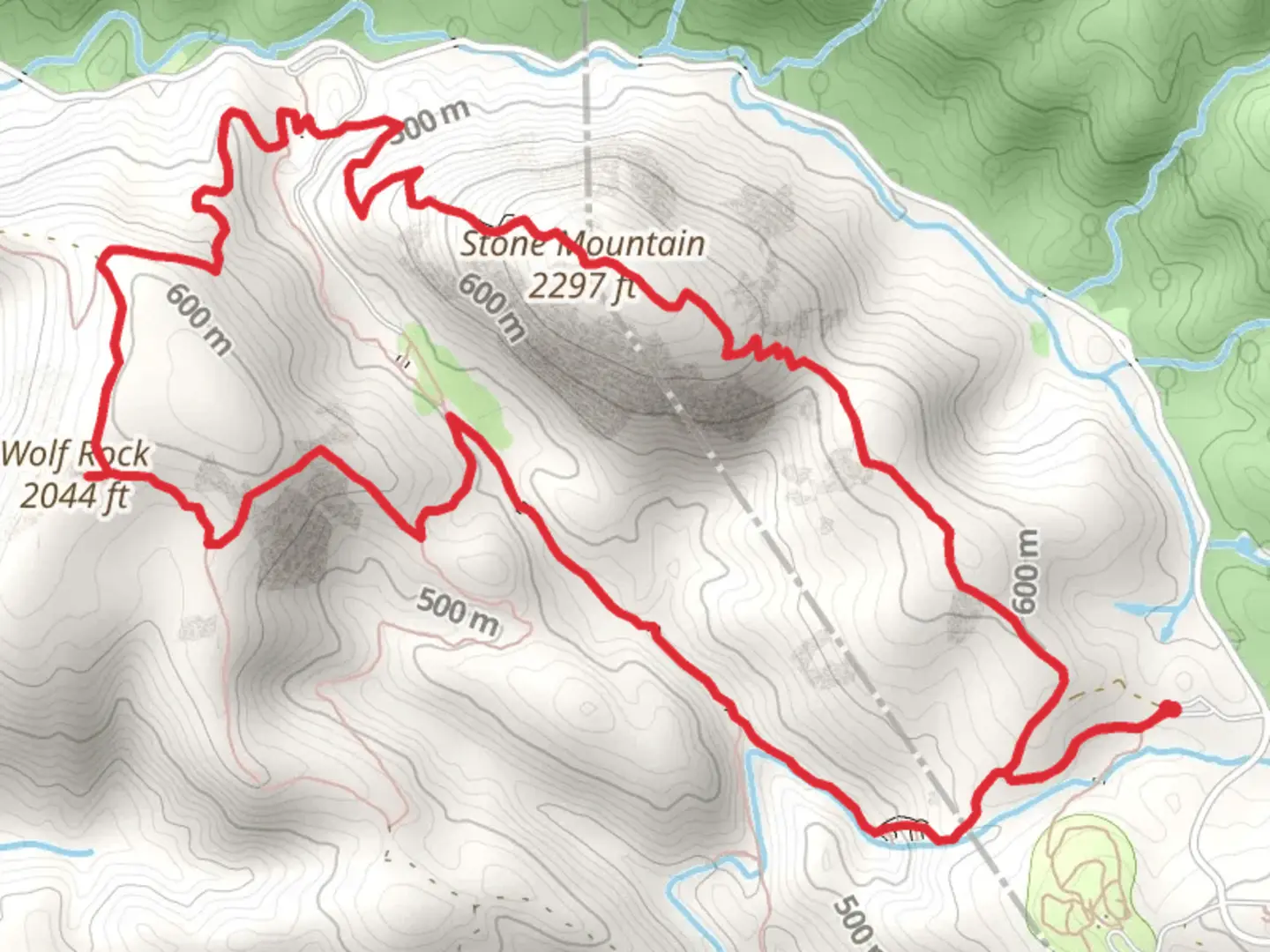 An image depicting the trail Stone Mountain Loop and Wolf Rock Trail and its surrounding area.